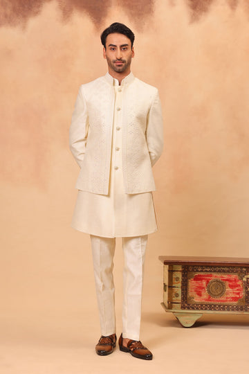 Cream Embroidered Nehru Jacket Set