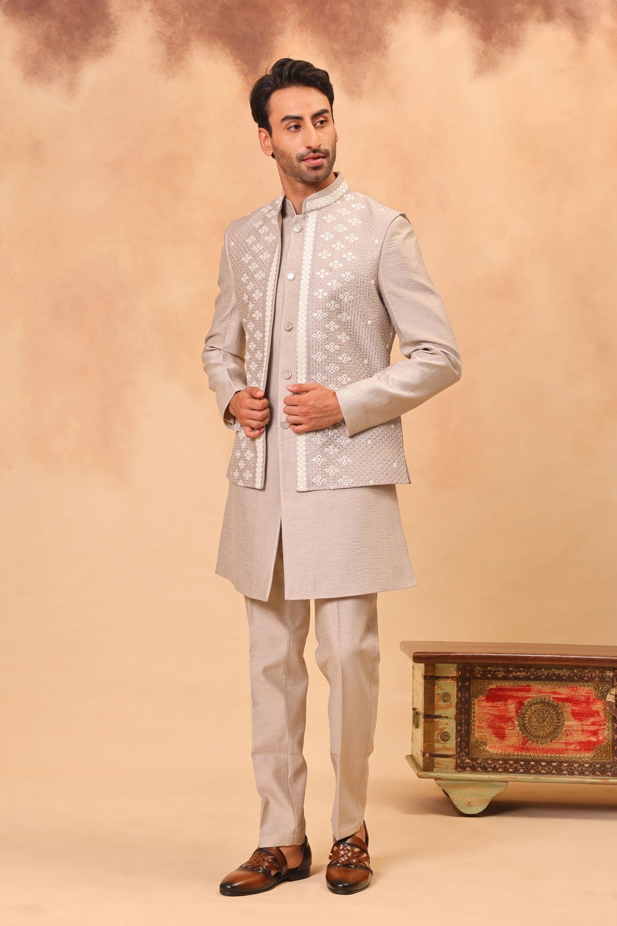 Natural Grey Embroidered Nehru Jacket Set