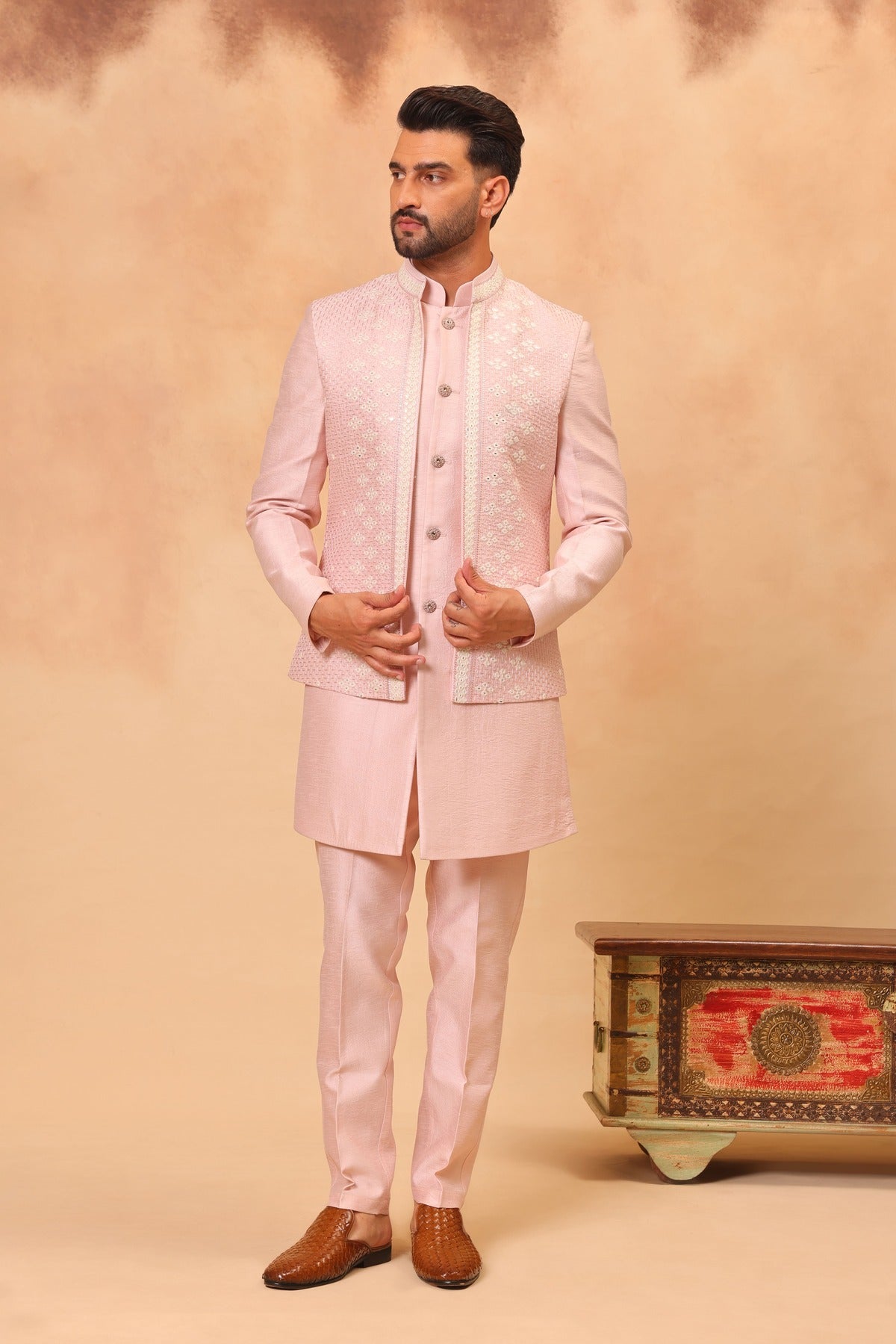 Pink Embroidered Nehru Jacket Set