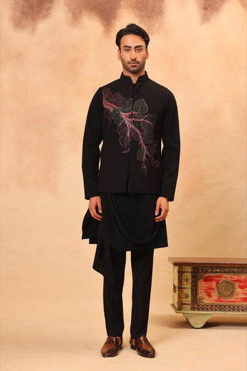 Black Hand Painted/ Embroidered Nehru Jacket Set