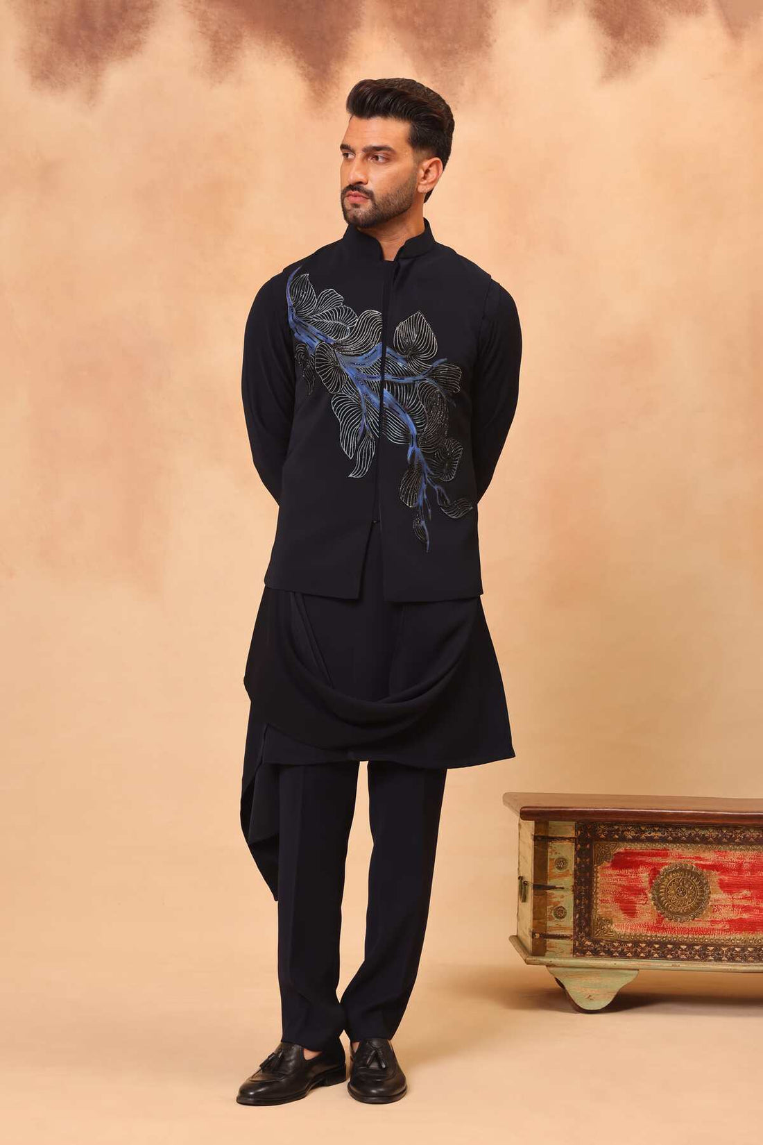 Navy Blue Hand Painted/ Embroidered Nehru Jacket Set