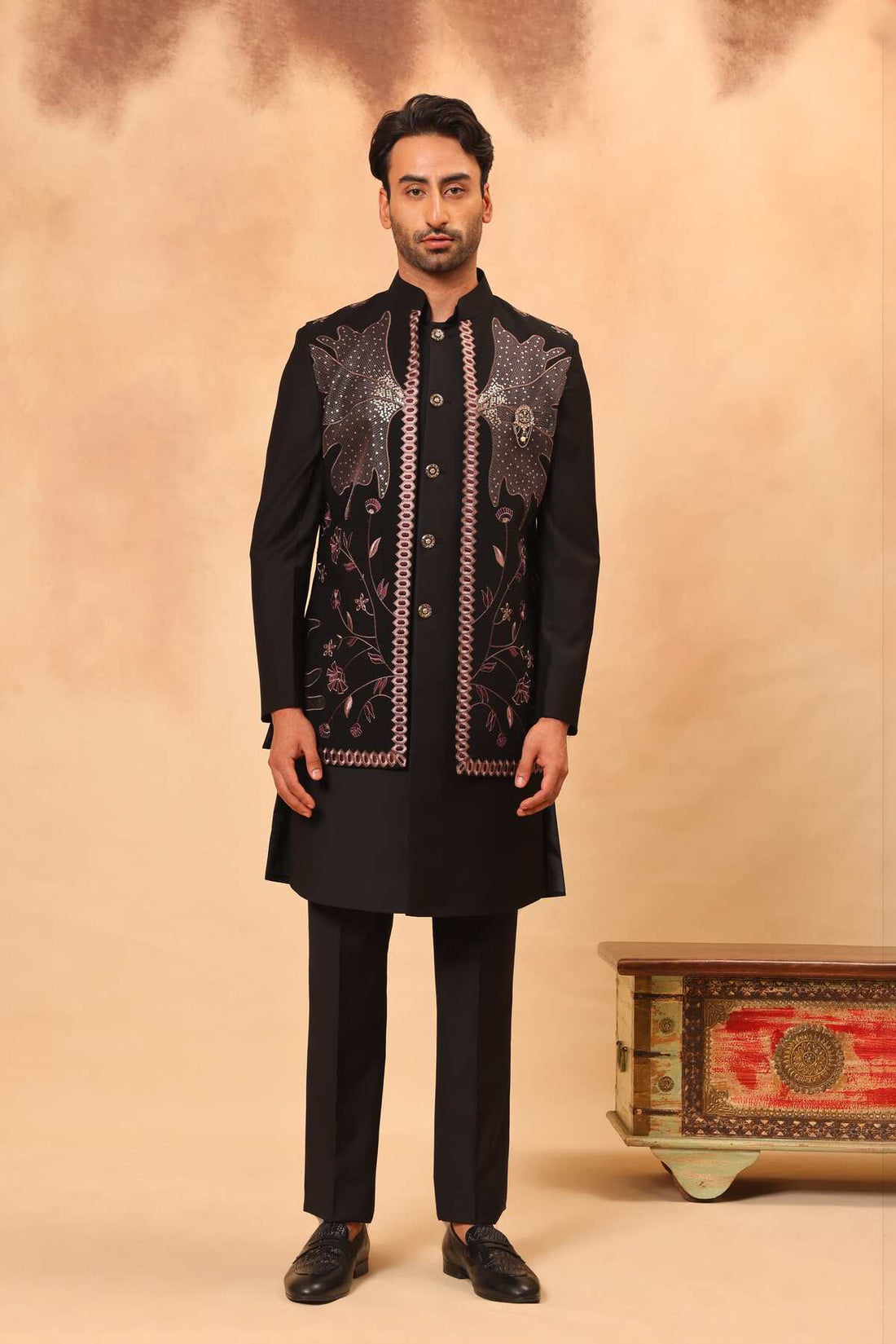 Black Embroidered Front Open Long Jacket Set