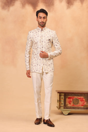 Cream Embroidered Jodhpuri Set with Formal Pants