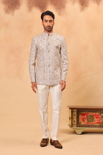Natural Grey Embroidered Jodhpuri Set with Formal Pants