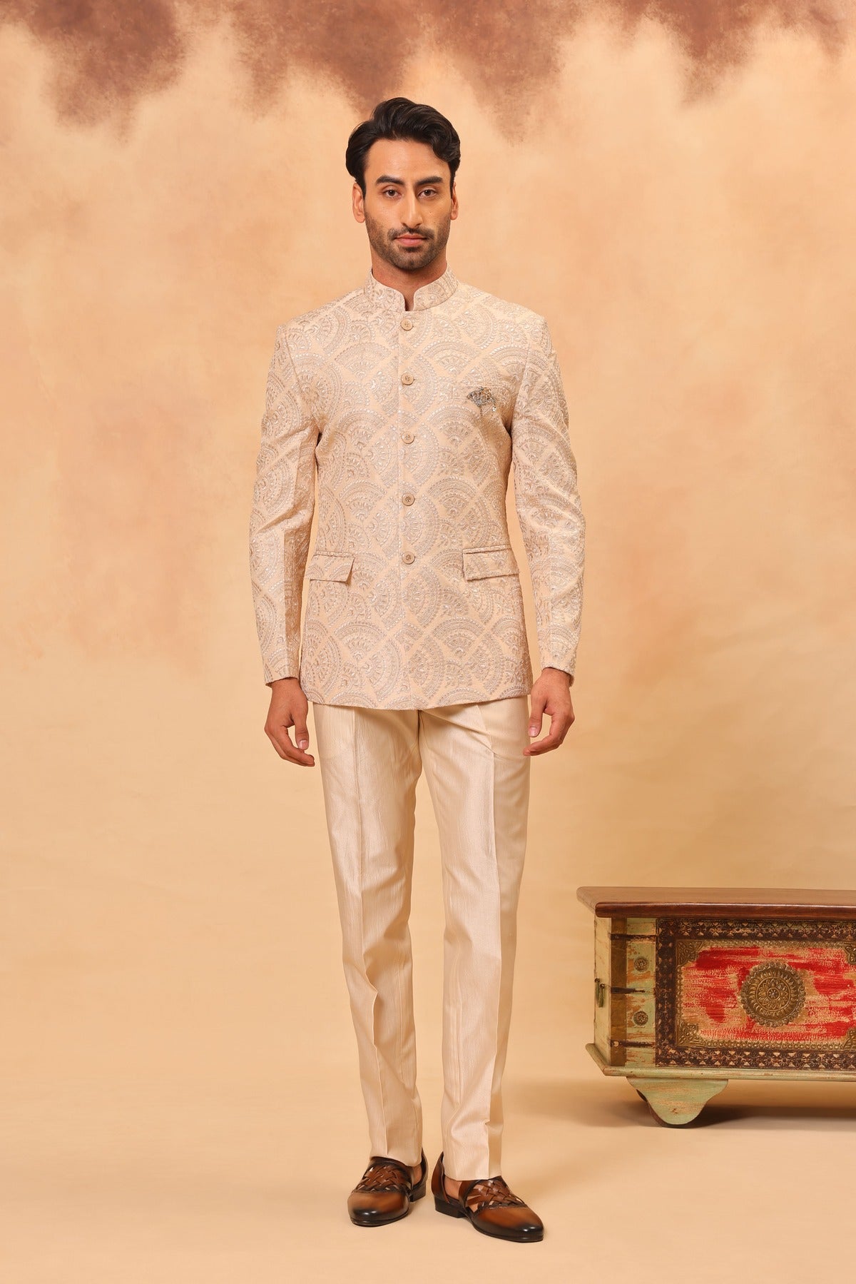 Fawn Embroidered Jodhpuri Set with Formal Pants