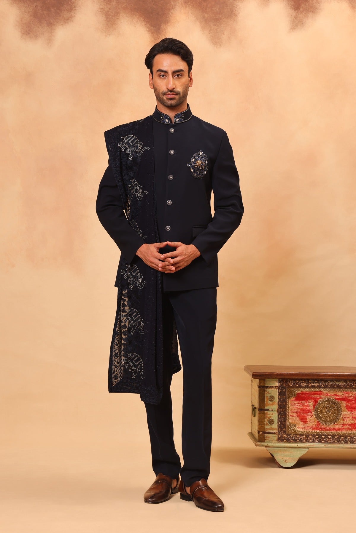 Navy Blue Embroidered Jodhpuri Set with Dupatta and Formal Pants