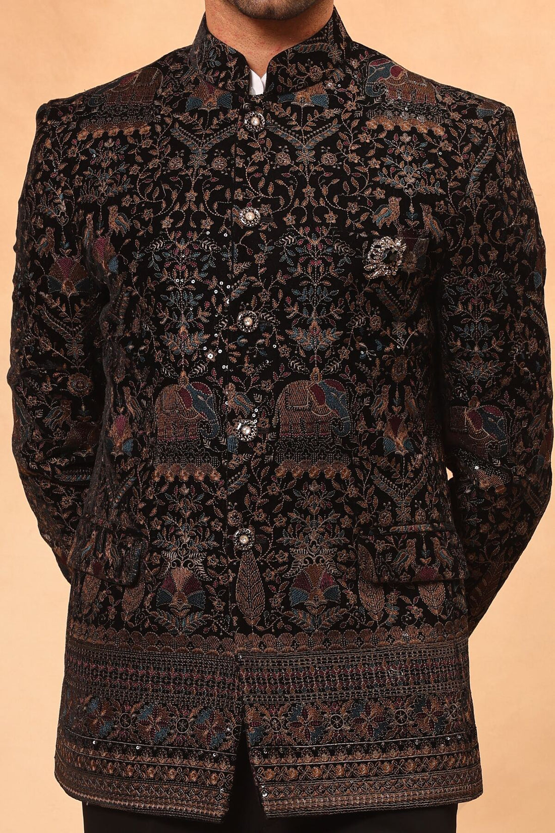 Black Velvet Embroidered Jodhpuri Set with Formal Pants