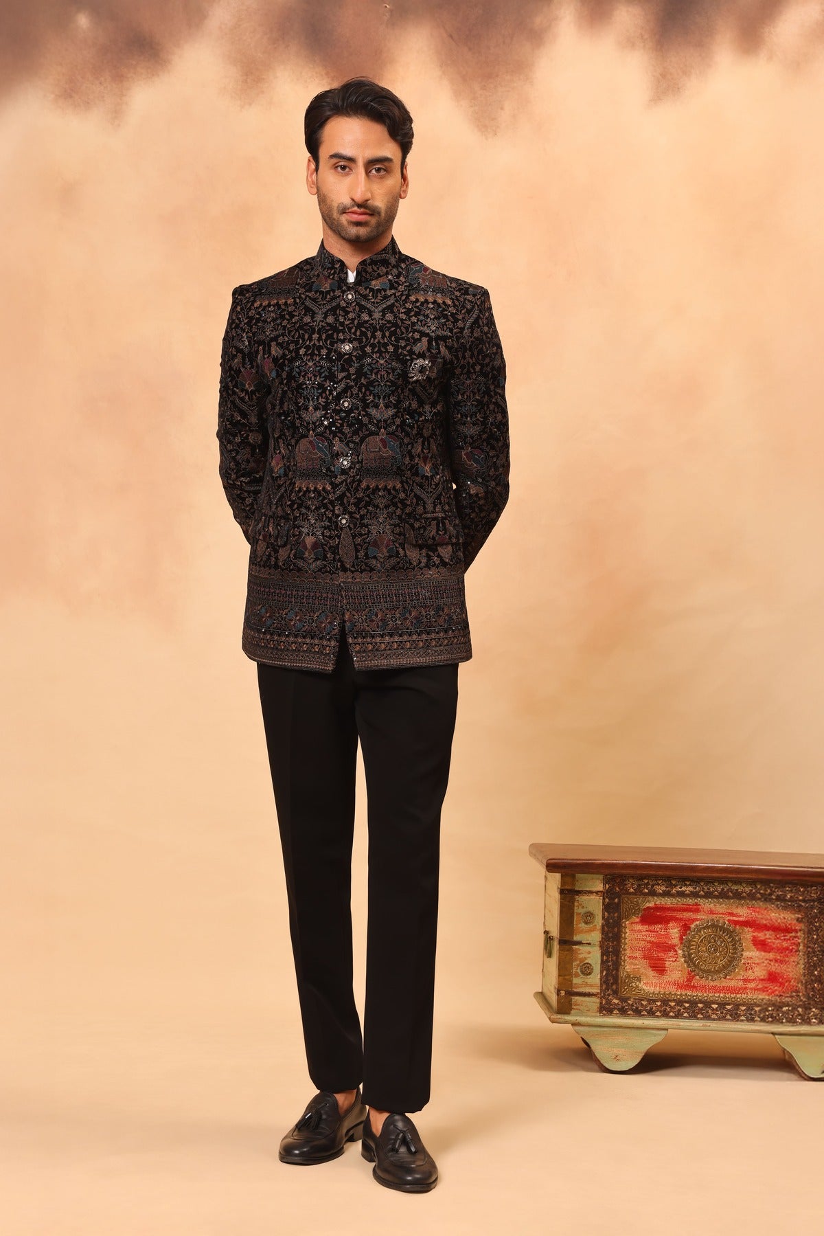 Black Velvet Embroidered Jodhpuri Set with Formal Pants