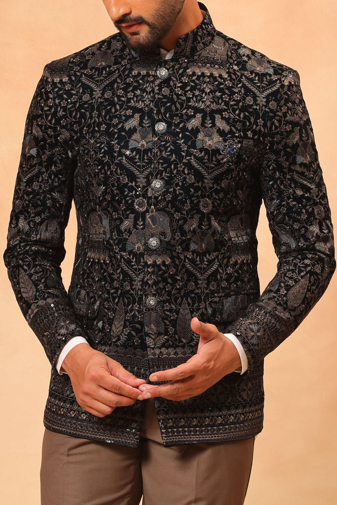 Rama Green Velvet Embroidered Jodhpuri Set with Formal Pants