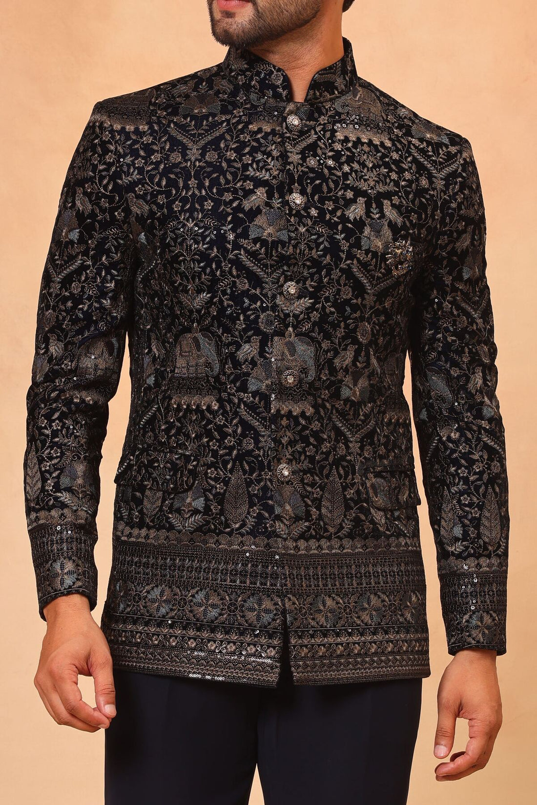 Navy Blue Velvet Embroidered Jodhpuri Set with Formal Pants