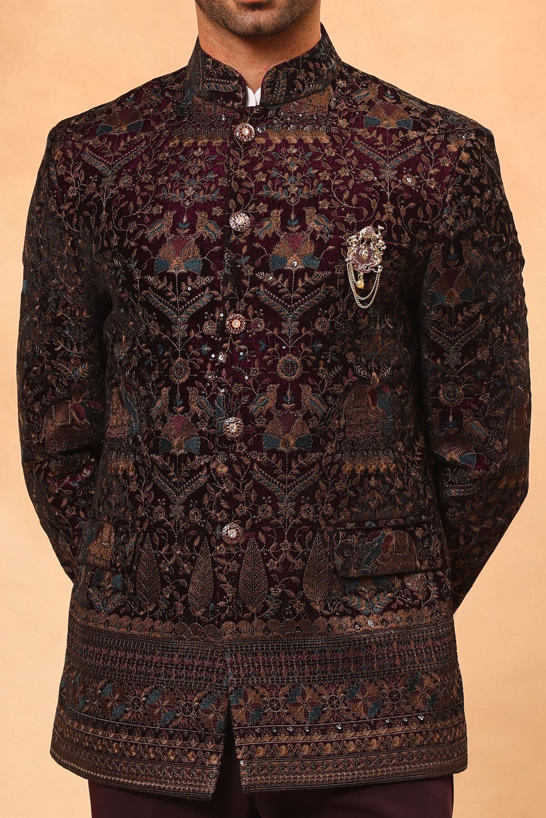 Wine Velvet Embroidered Jodhpuri Set with Formal Pants