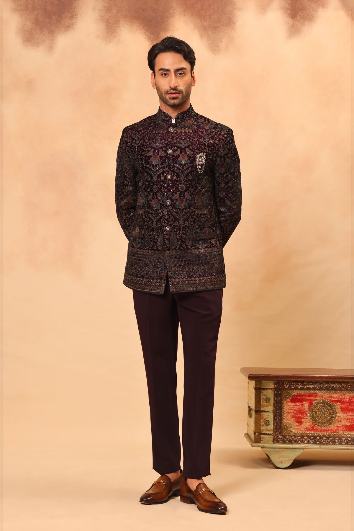 Wine Velvet Embroidered Jodhpuri Set with Formal Pants