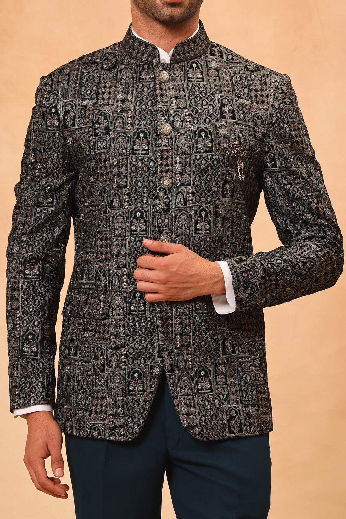 Rama Green Velvet Embroidered Jodhpuri Set with Formal Pants