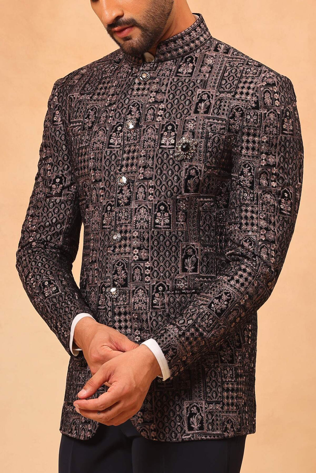 Navy Blue Velvet Embroidered Jodhpuri Set with Formal Pants