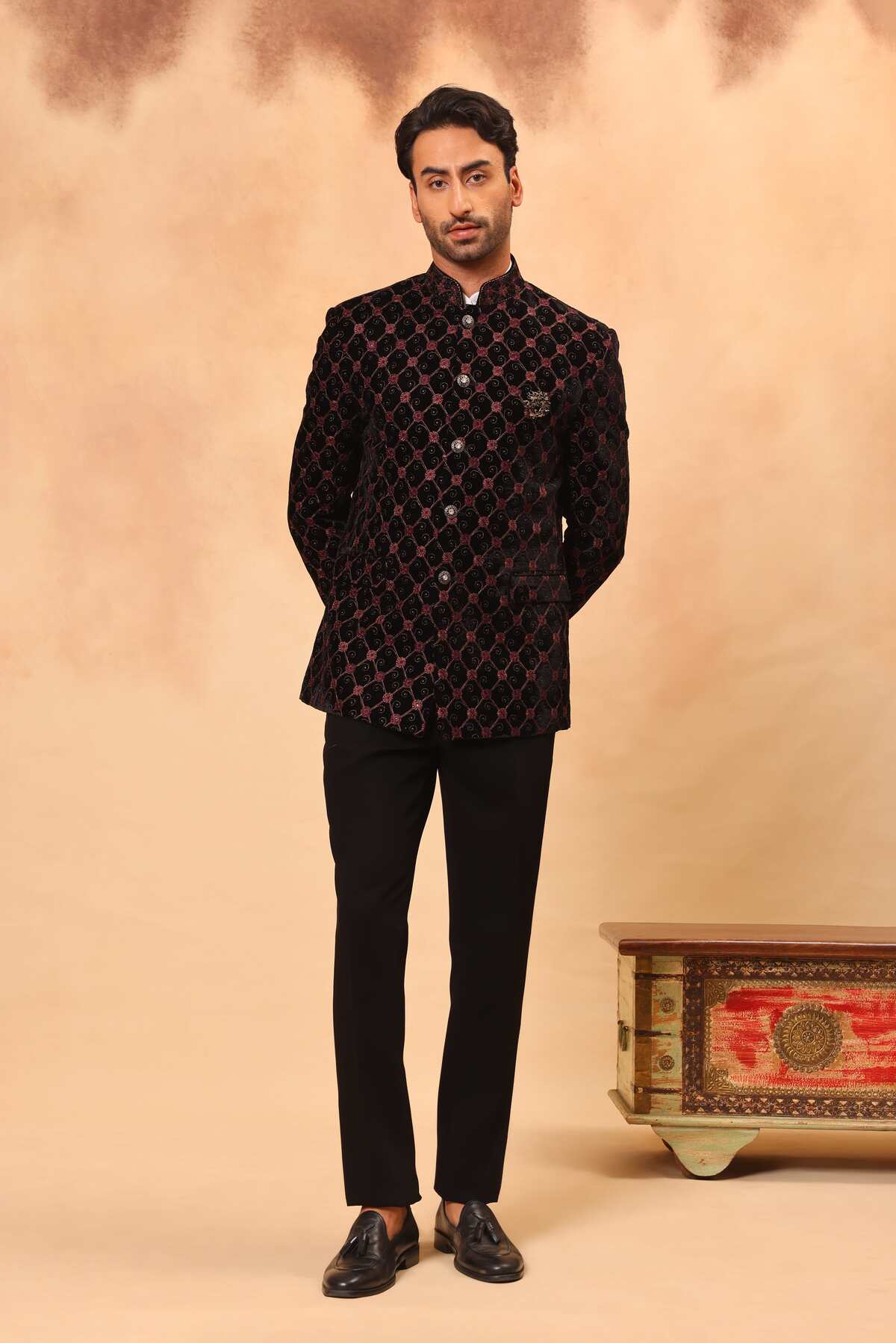Black Velvet Zari Embroidered Jodhpuri Set with Formal Pants