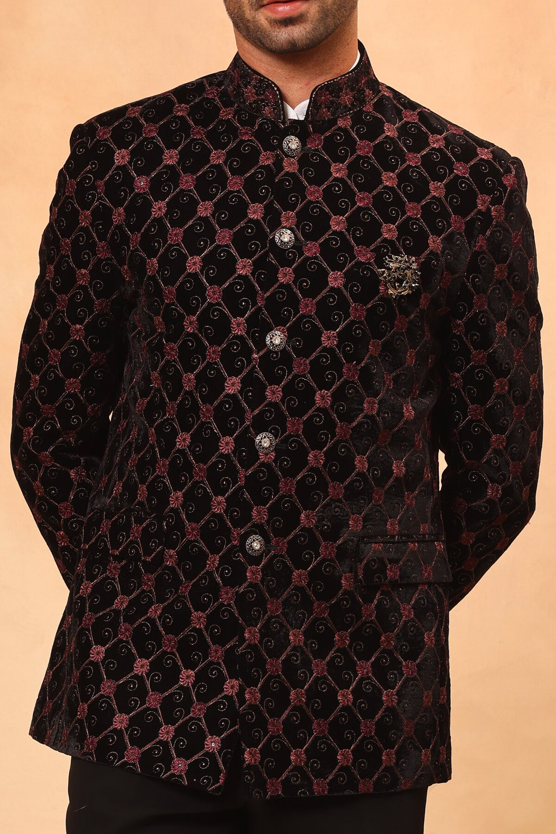 Black Velvet Zari Embroidered Jodhpuri Set with Formal Pants
