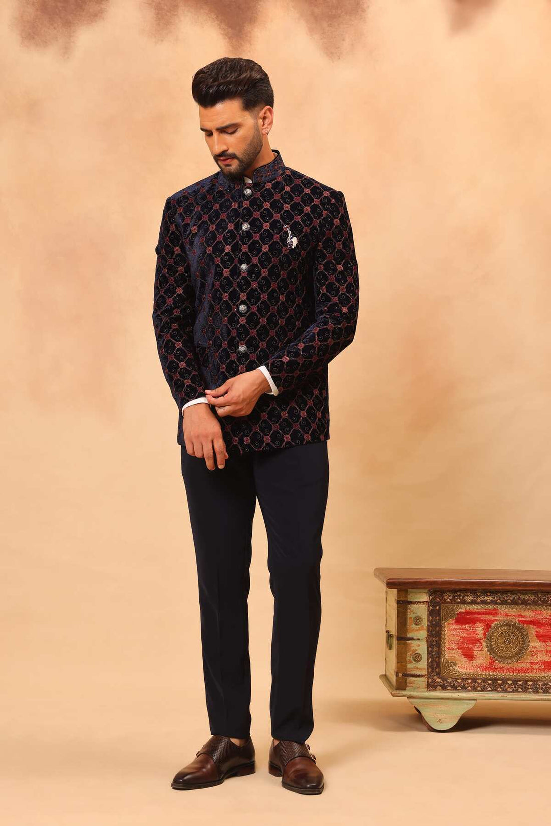 Navy Blue Velvet Zari Embroidered Jodhpuri Set with Formal Pants