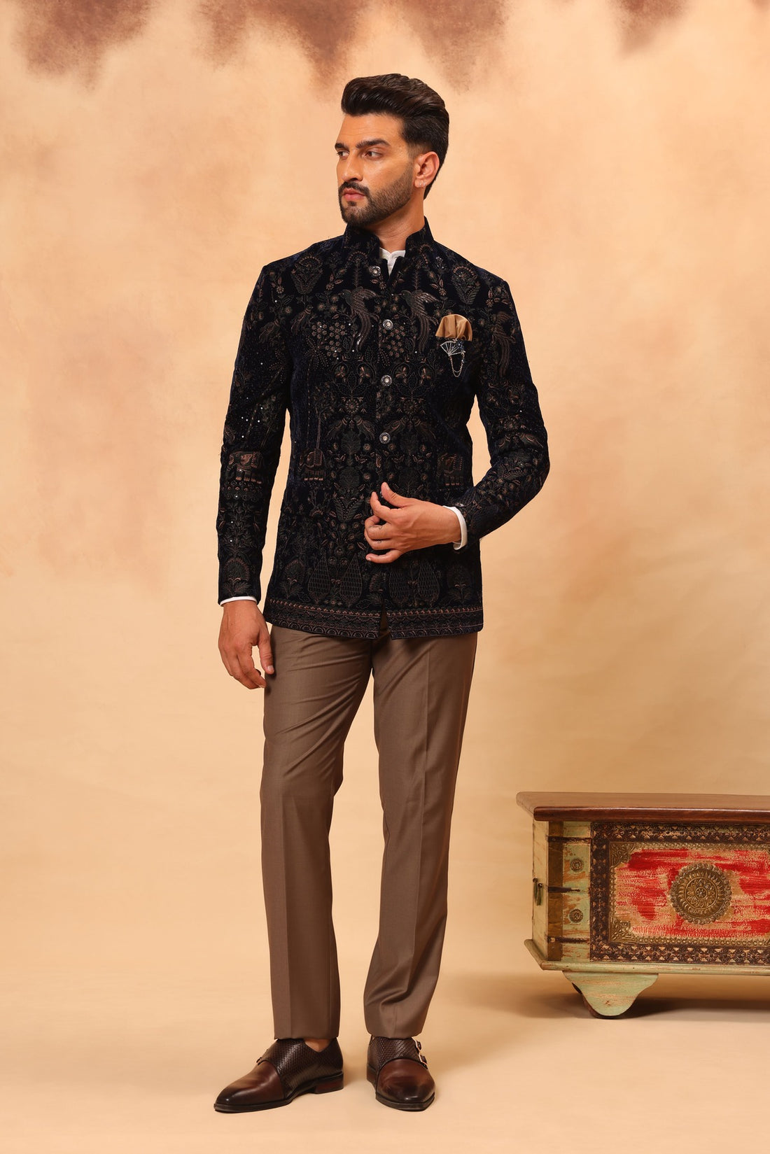 Navy Blue Velvet Embroidered Jodhpuri Set with Formal Pants