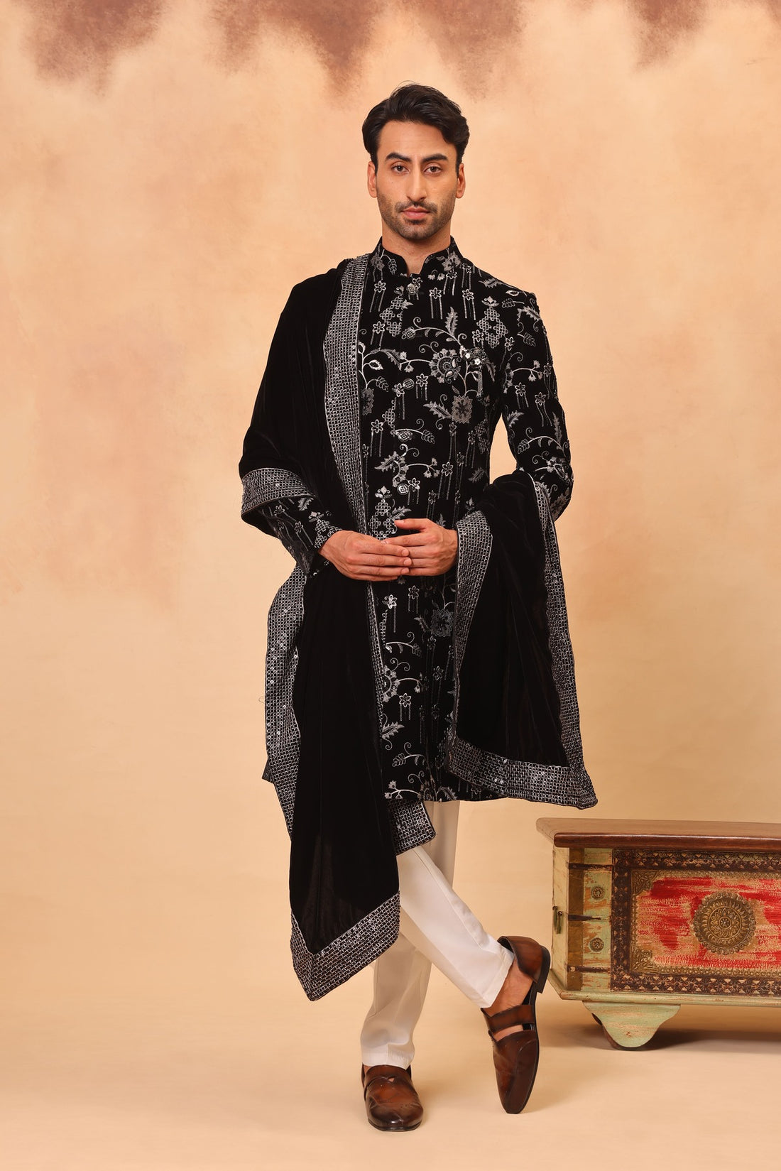 Black Velvet Embroidered Sherwani Set with Dupatta