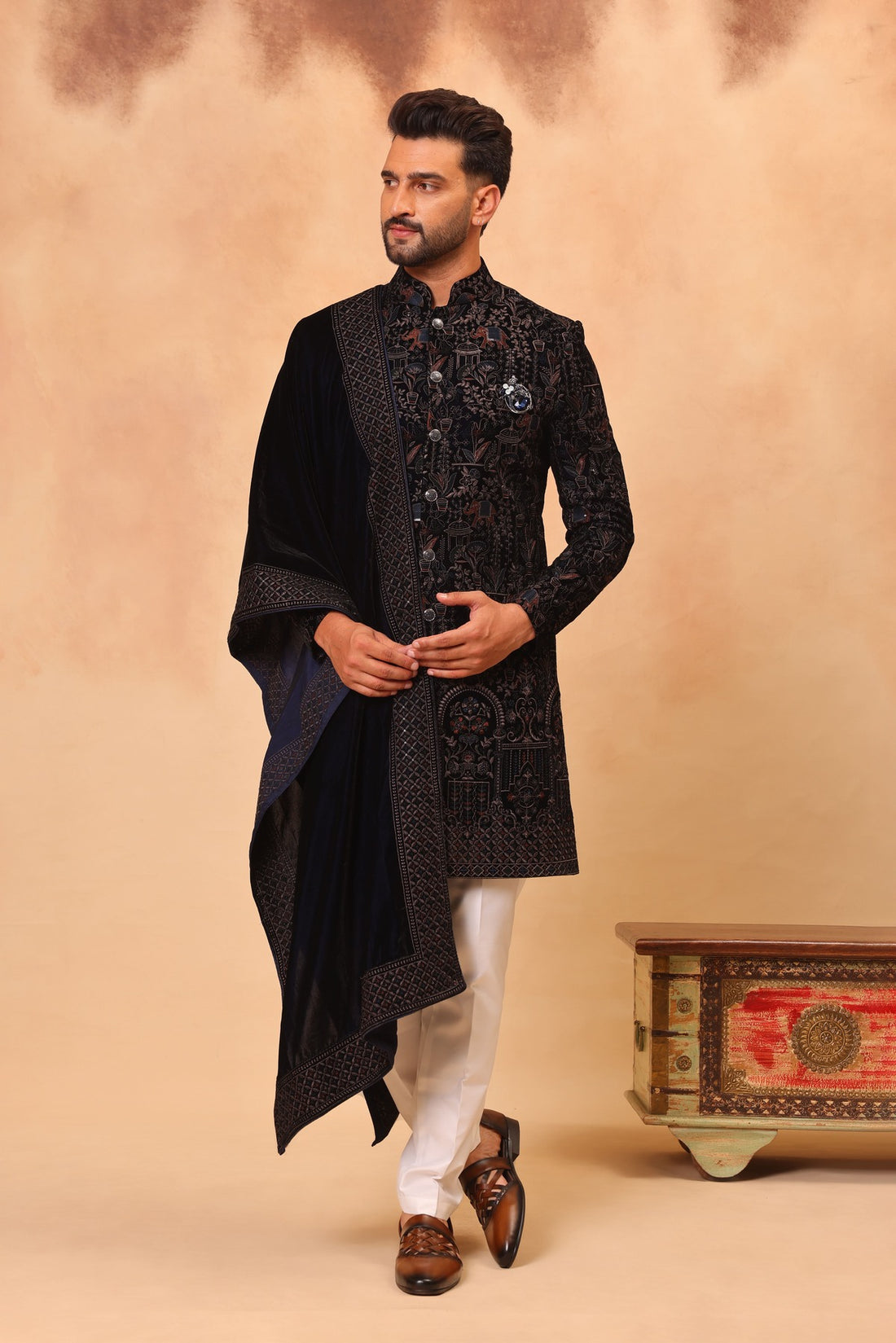 Navy Blue Velvet Embroidered Sherwani Set with Dupatta