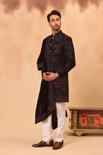 Wine Velvet Embroidered Sherwani Set with Dupatta