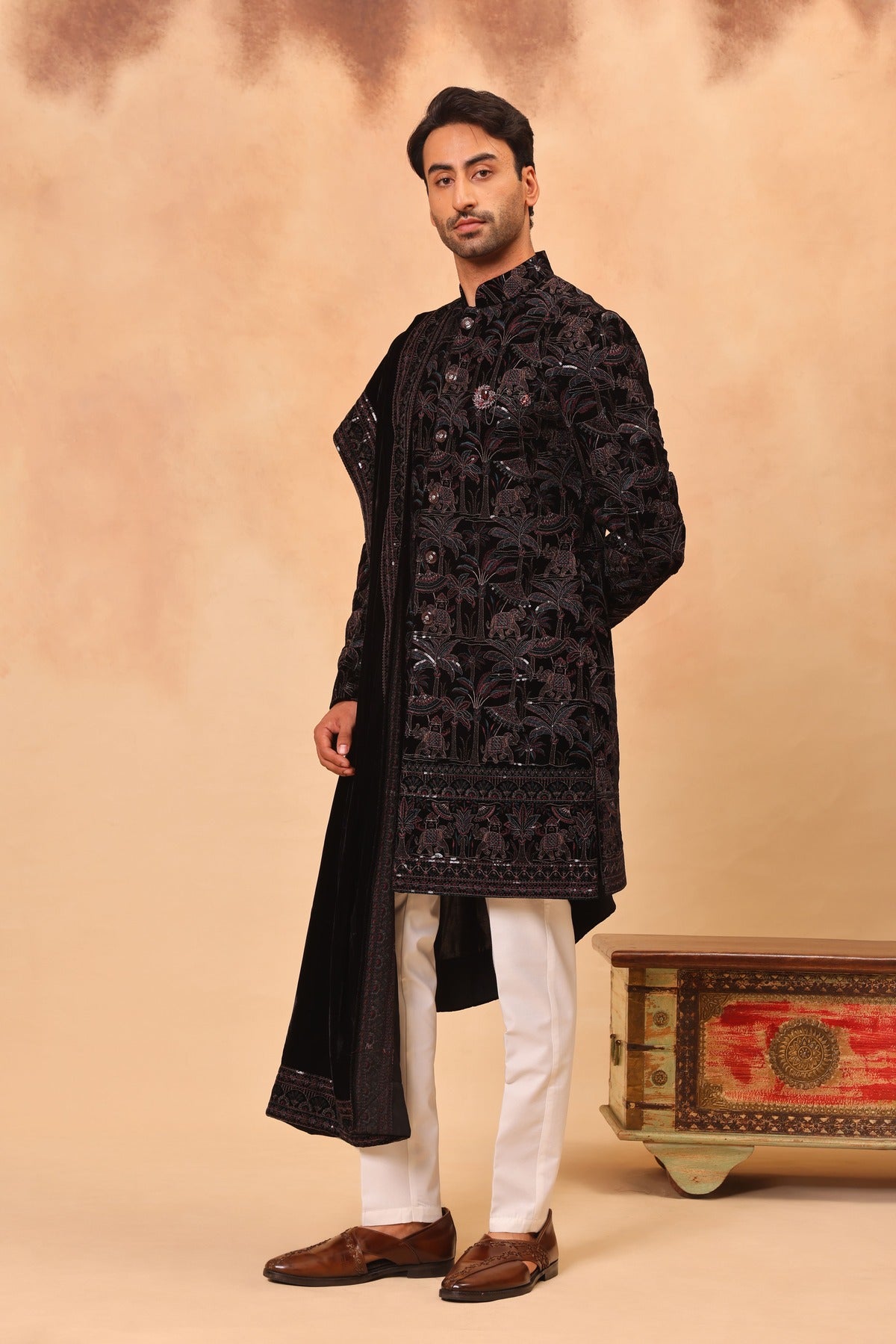 Wine Velvet Embroidered Sherwani Set with Dupatta