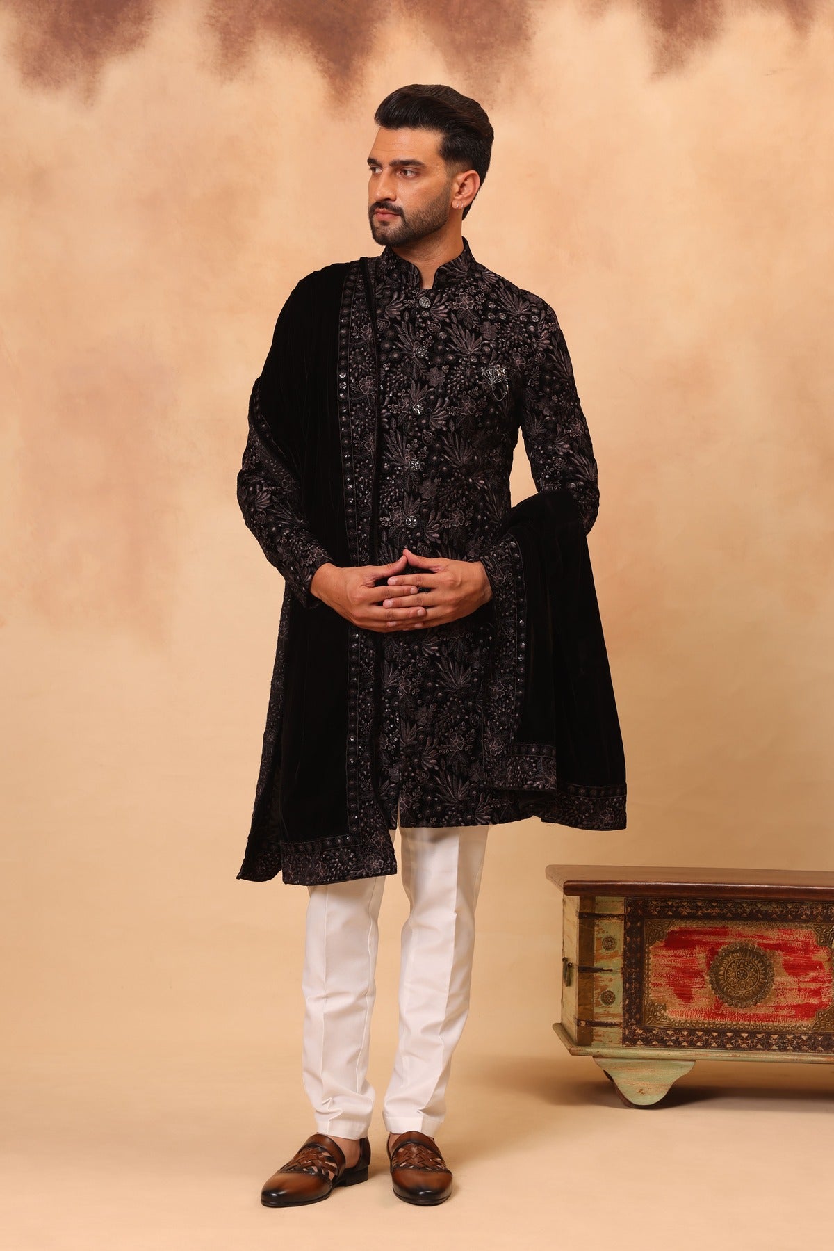 Black Velvet Embroidered Sherwani Set with Dupatta