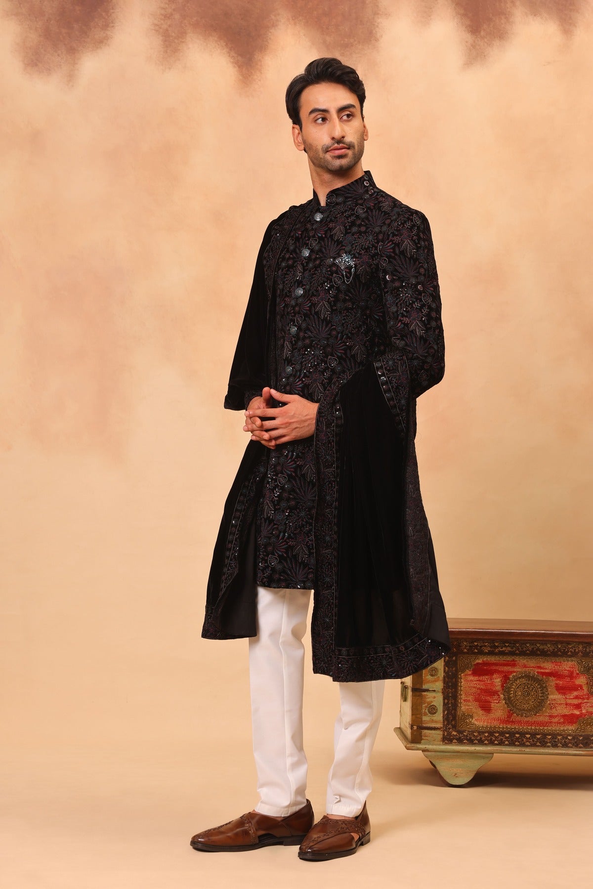 Rama Green Velvet Embroidered Sherwani Set with Dupatta