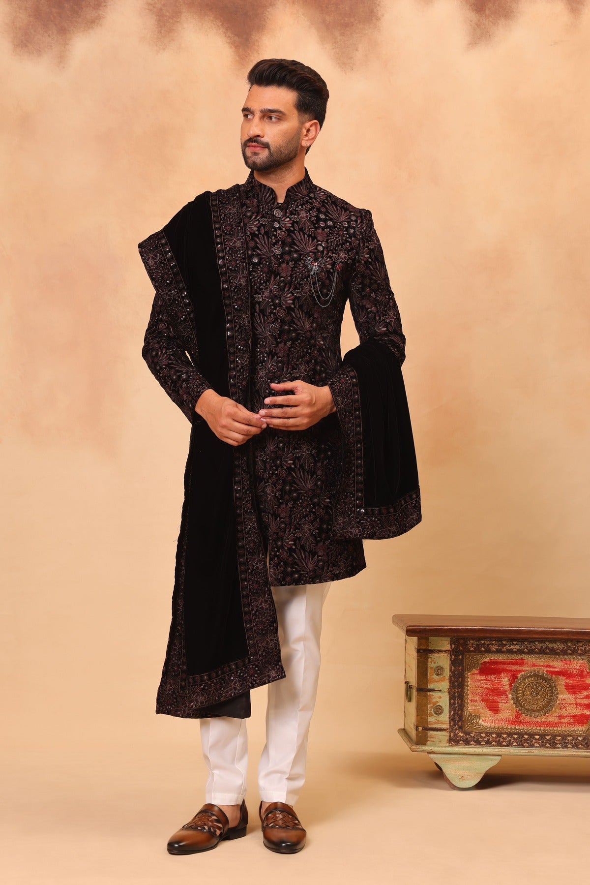 Wine Velvet Embroidered Sherwani Set with Dupatta