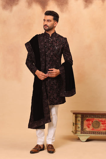 Wine Velvet Embroidered Sherwani Set with Dupatta