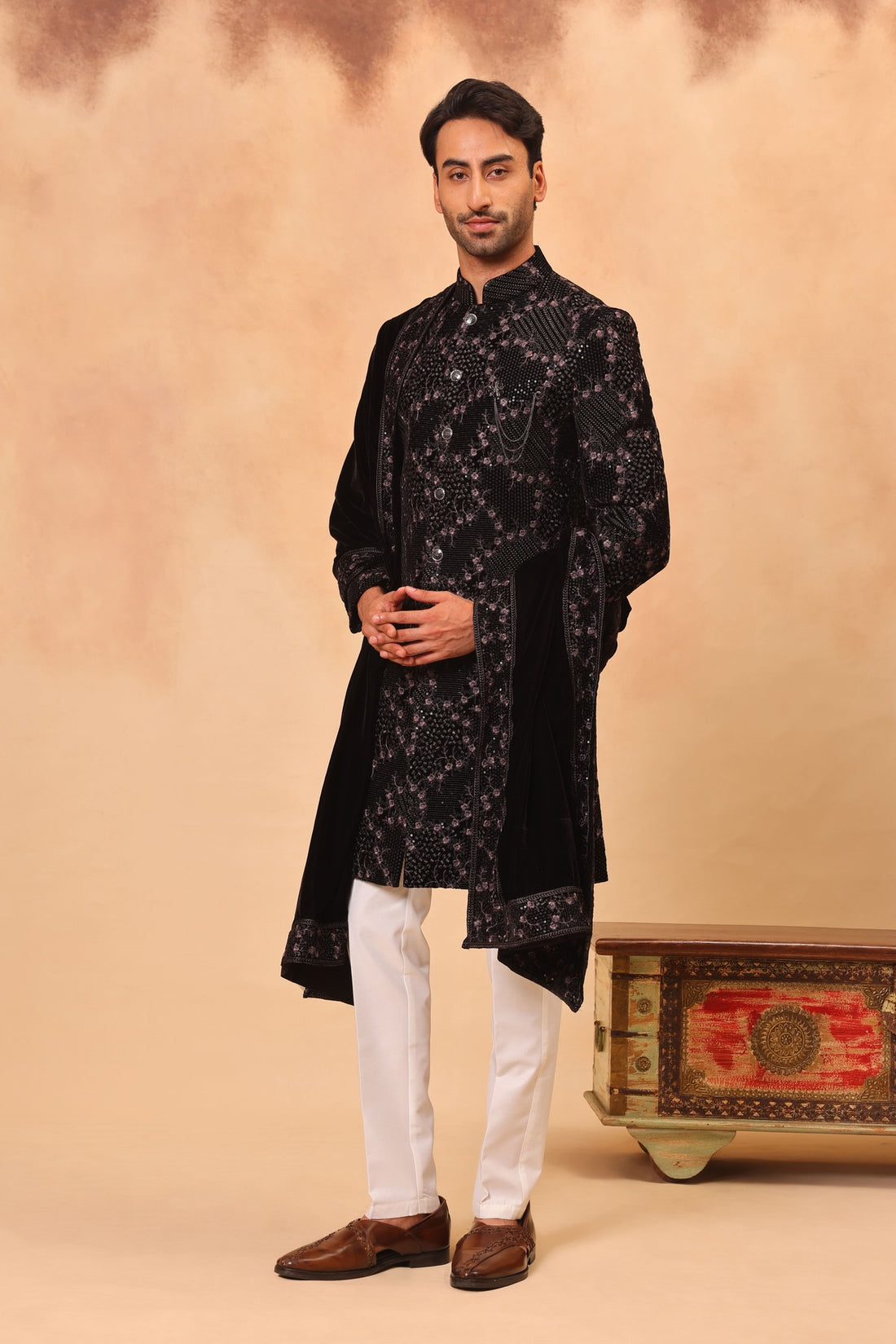 Wine Velvet Embroidered Sherwani Set with Dupatta