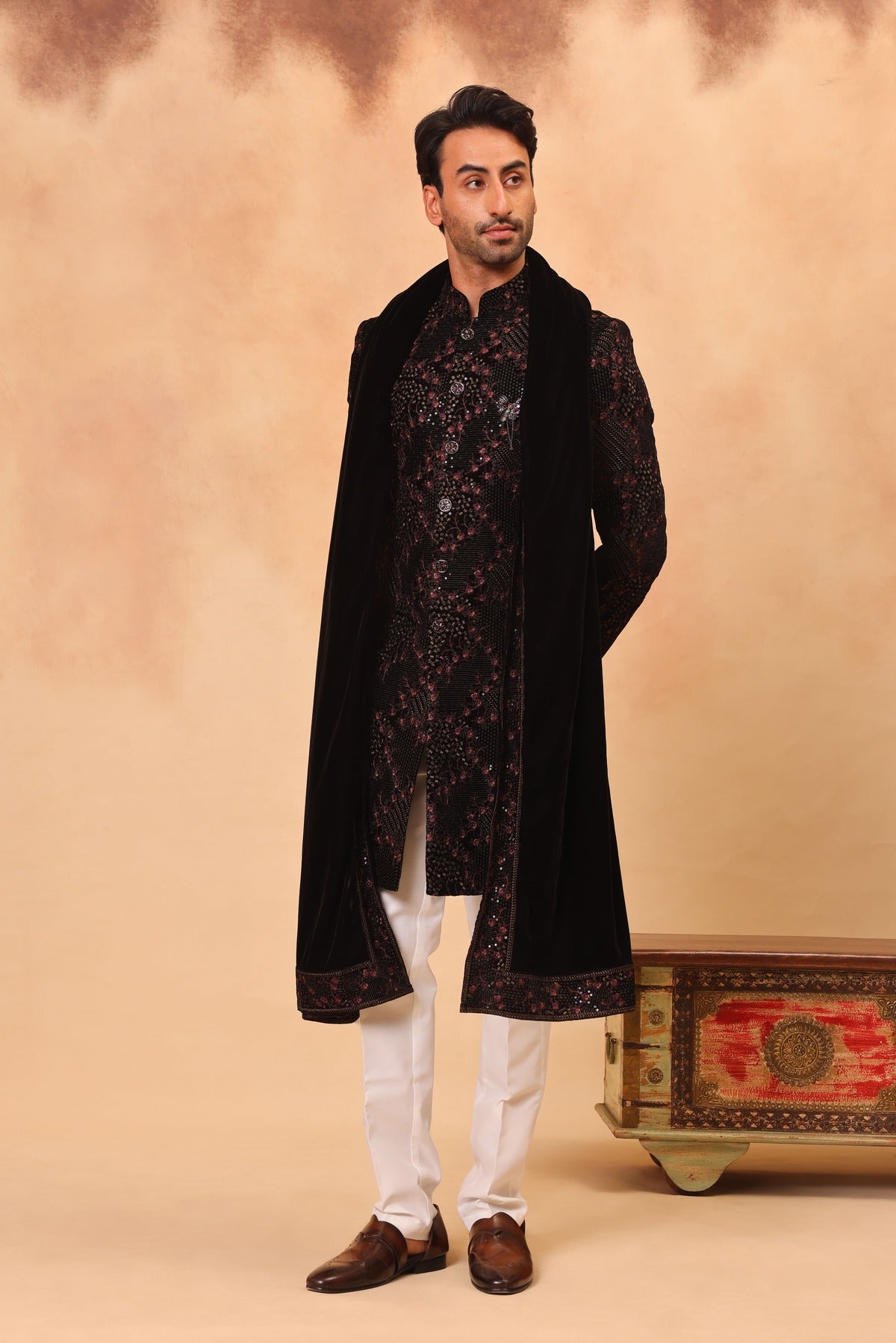 Wine Velvet Embroidered Sherwani Set with Dupatta