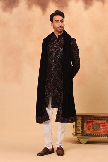Wine Velvet Embroidered Sherwani Set with Dupatta