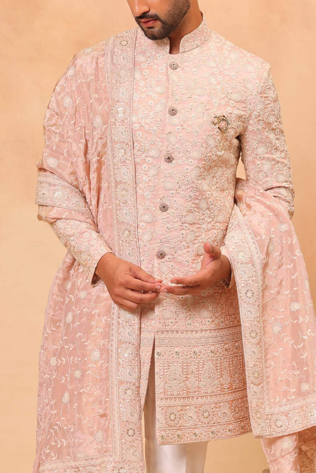 Pink Embroidered Sherwani Set with Dupatta