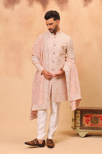 Pink Embroidered Sherwani Set with Dupatta