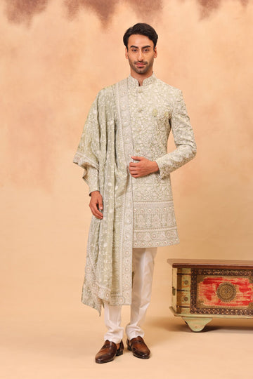 Pista Green Embroidered Sherwani Set with Dupatta