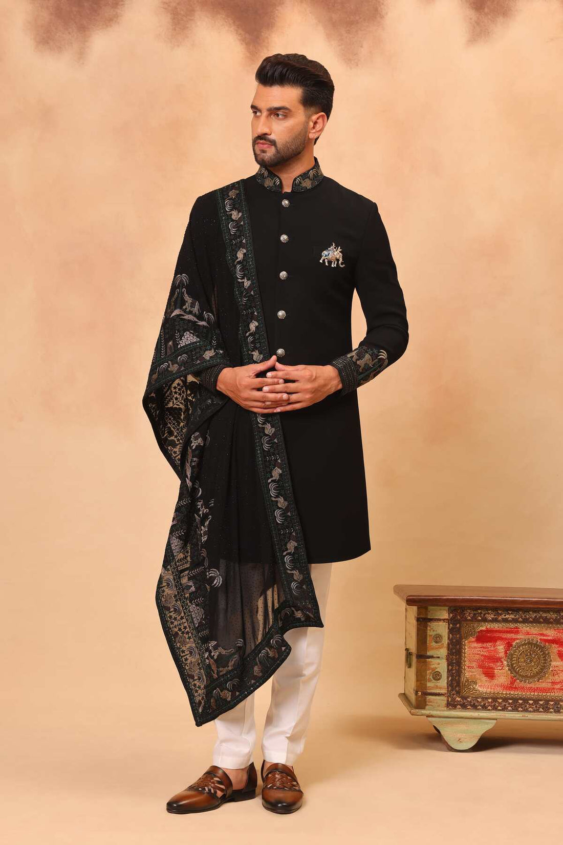 Black Sherwani Set with Dupatta
