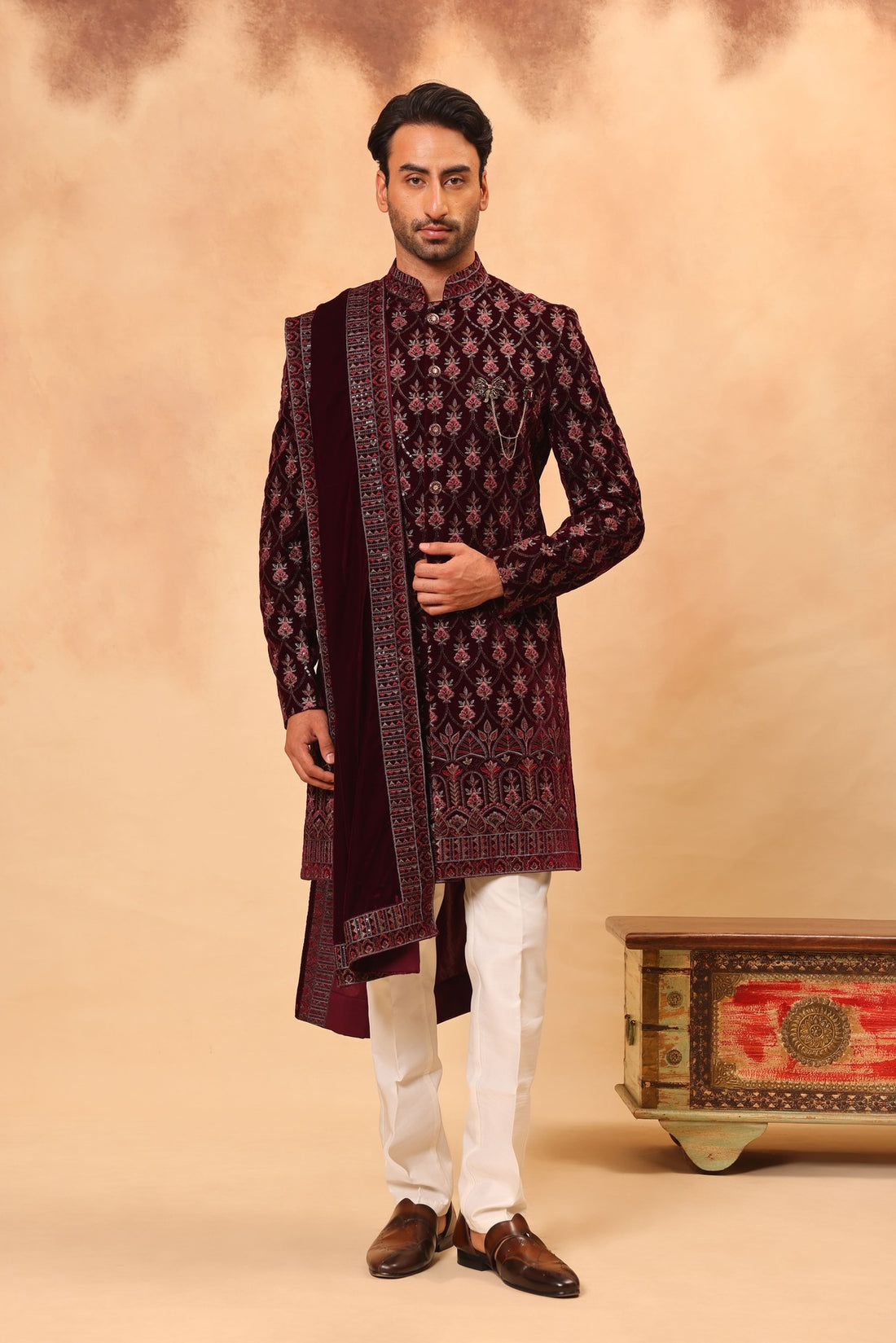 Mehroon Velvet Embroidered Sherwani Set with Dupatta