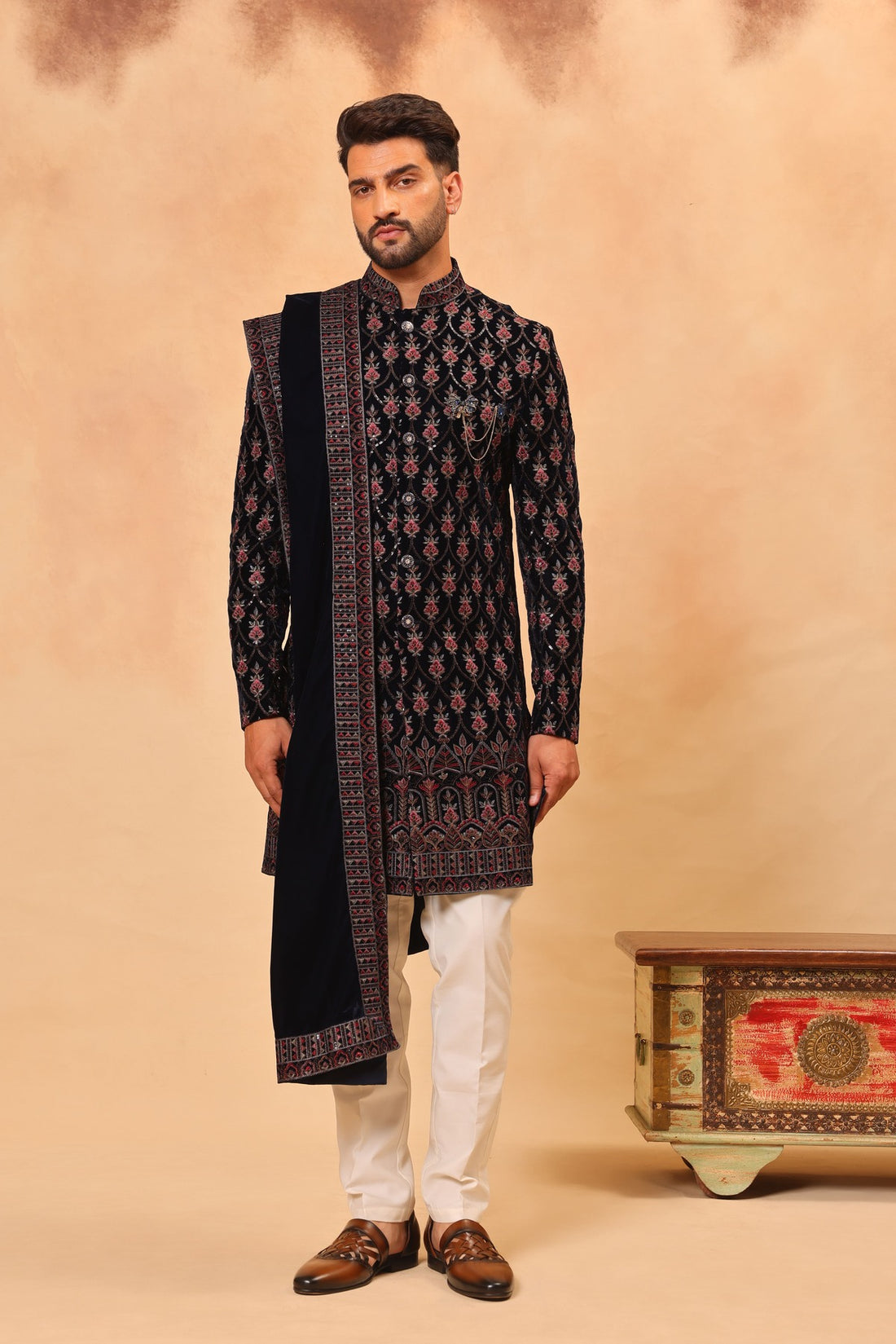 Navy Blue Velvet Embroidered Sherwani Set with Dupatta