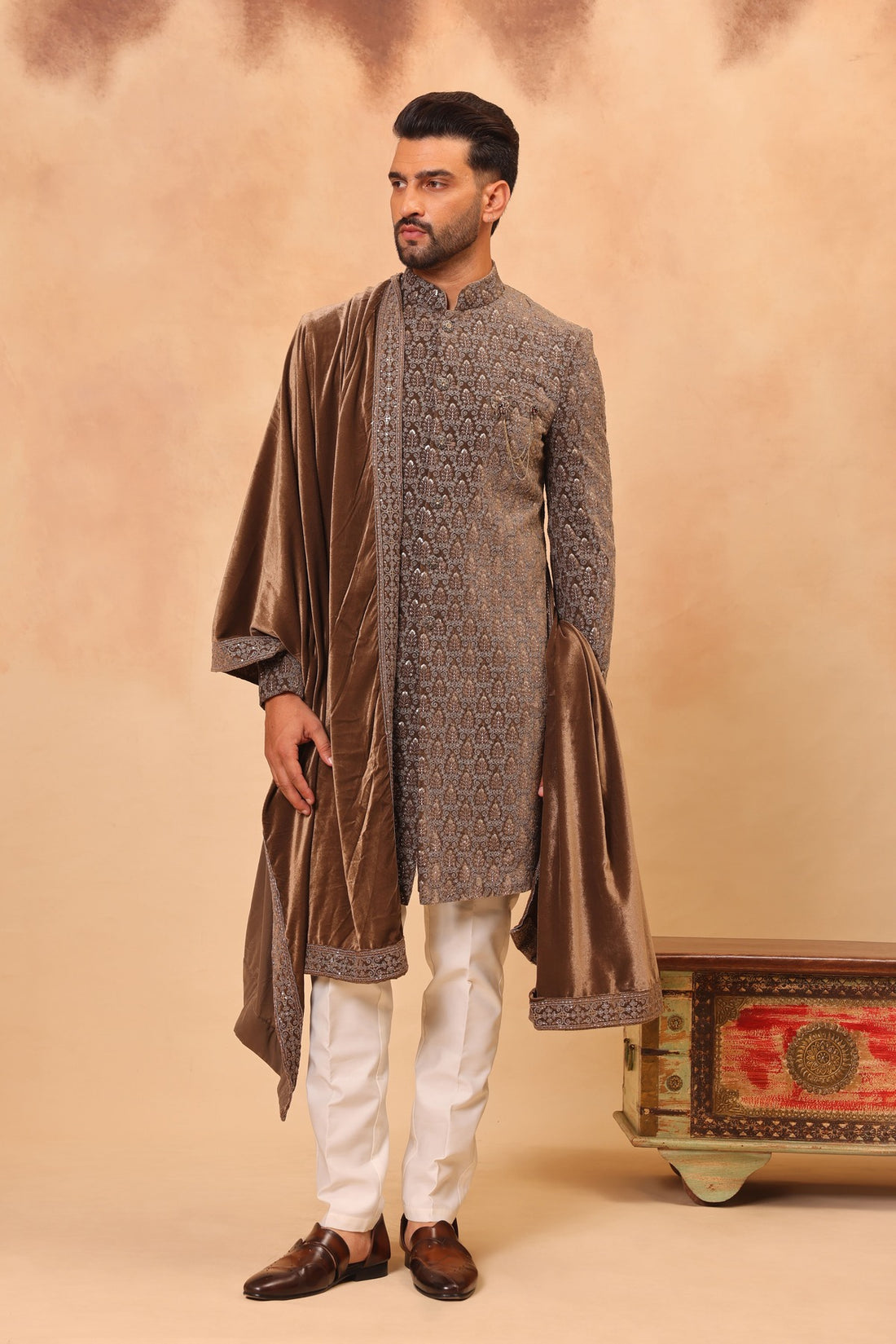 Khaki Velvet Embroidered Sherwani Set with Dupatta
