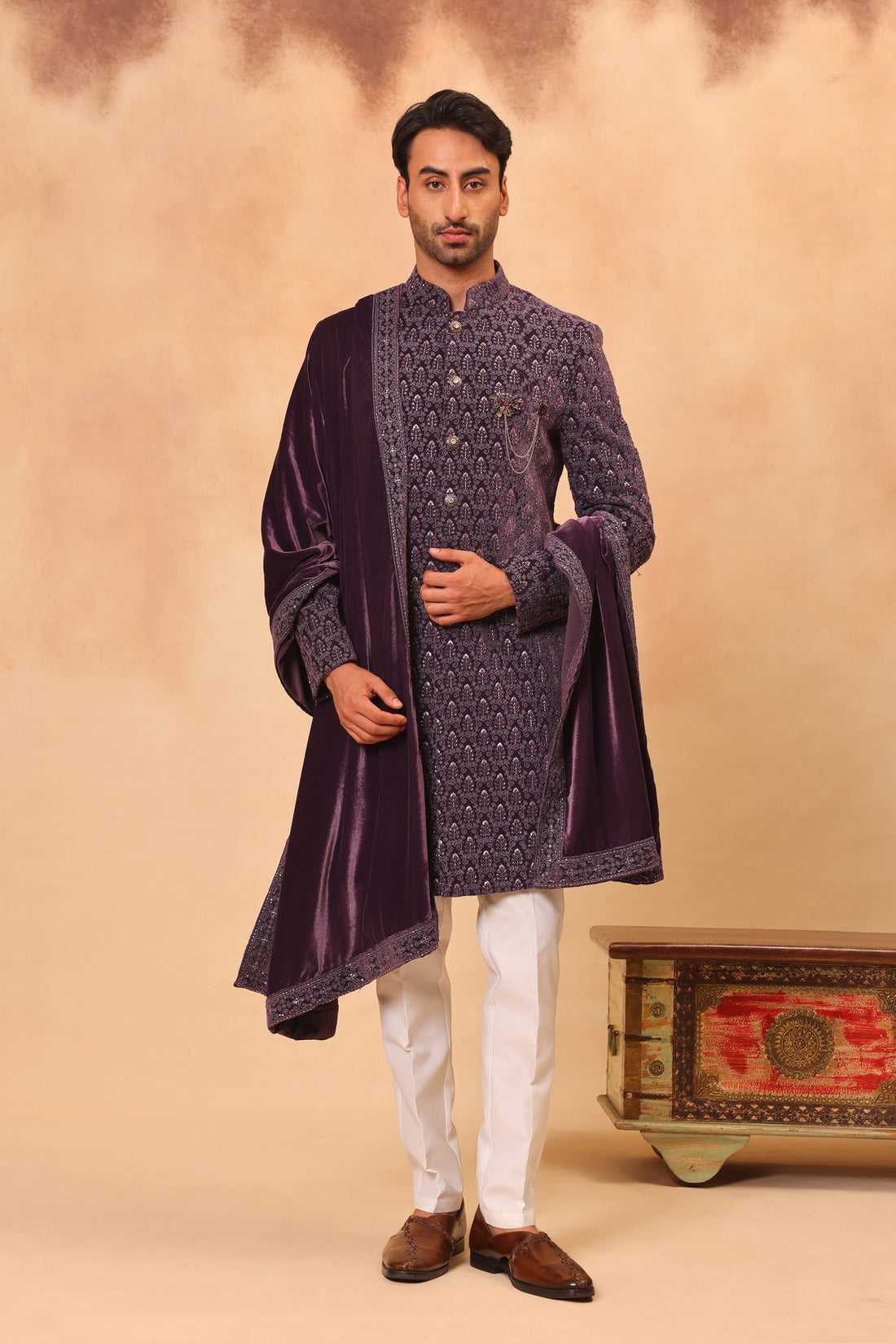 Mauve Velvet Embroidered Sherwani Set with Dupatta