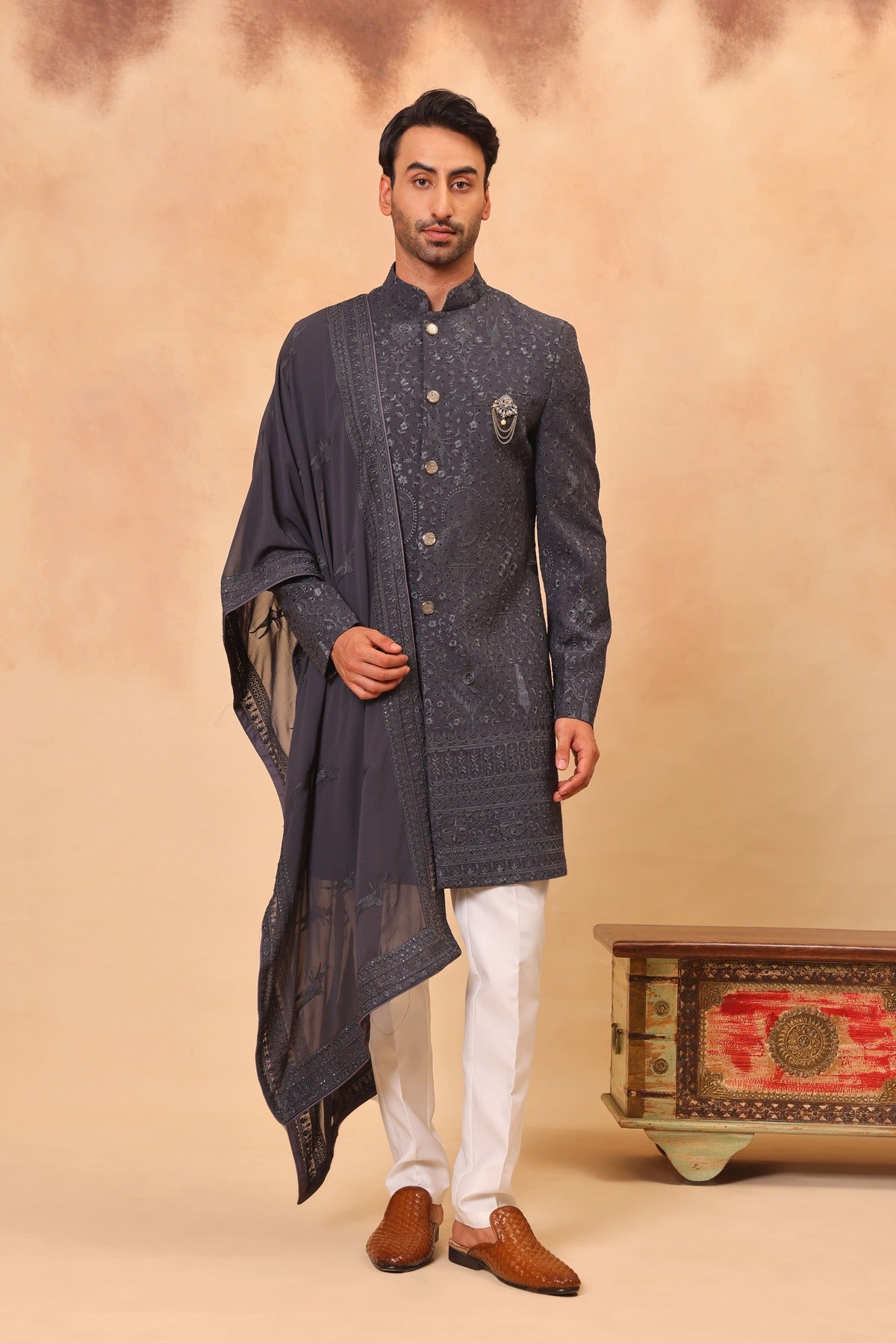 Grey Faux Georgette Embroidered Sherwani Set with Dupatta