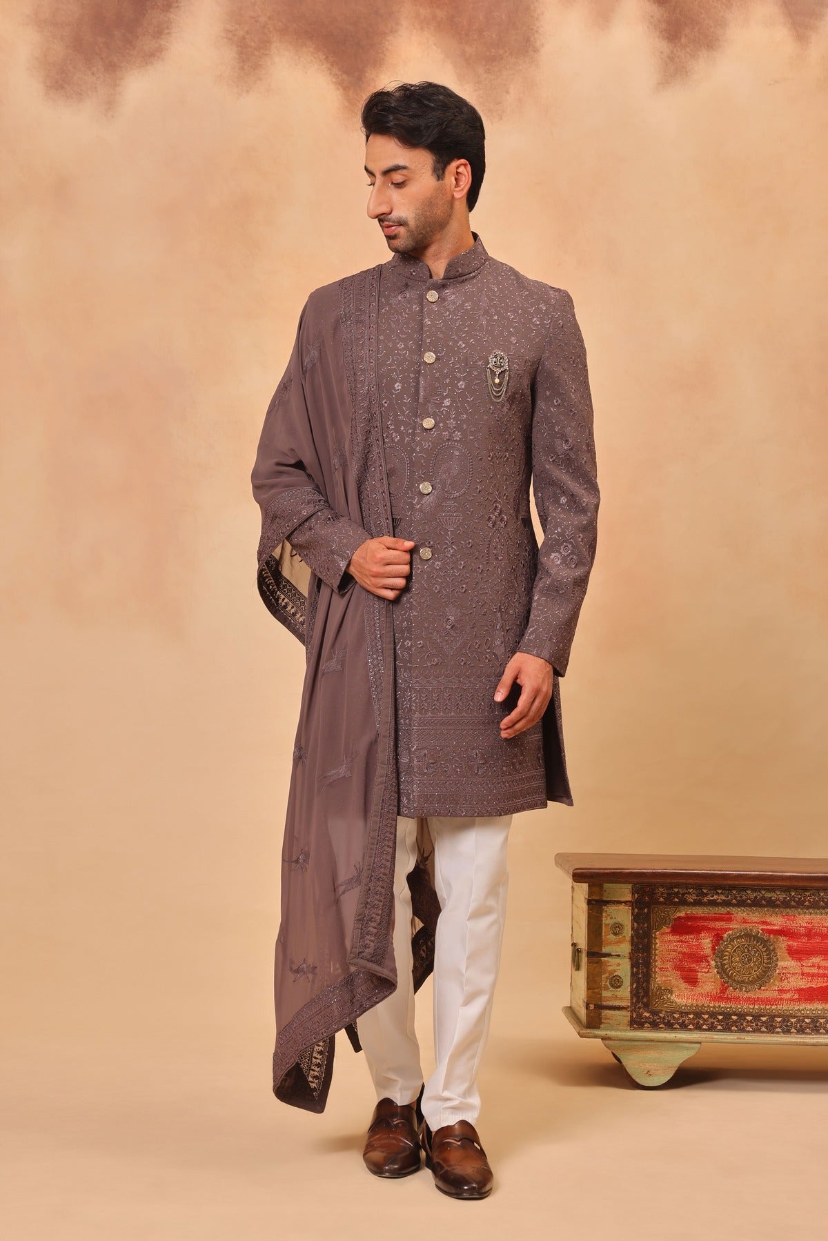 Mouse Faux Georgette Embroidered Sherwani Set with Dupatta
