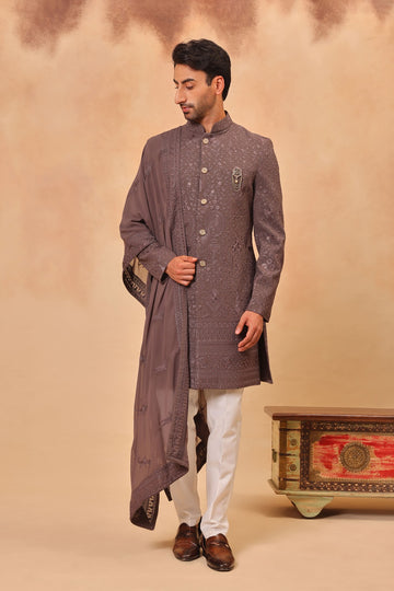 Mouse Faux Georgette Embroidered Sherwani Set with Dupatta