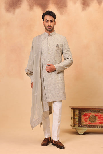 Pista Faux Georgette Embroidered Sherwani Set with Dupatta