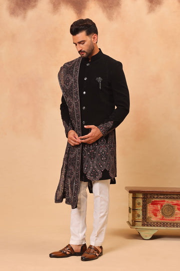 Black Sherwani Set with Dupatta