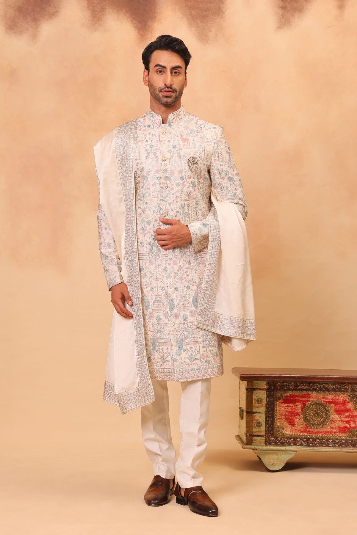 Cream Embroidered Sherwani Set with Dupatta