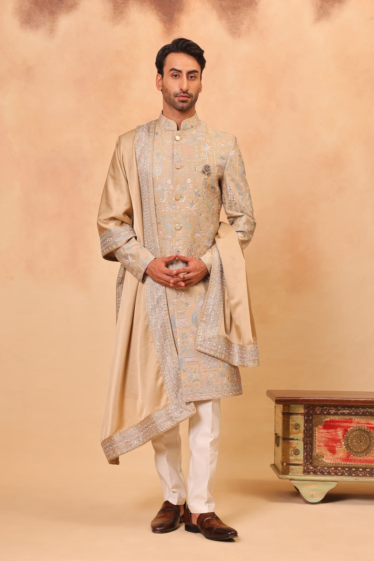 Khaki Embroidered Sherwani Set with Dupatta