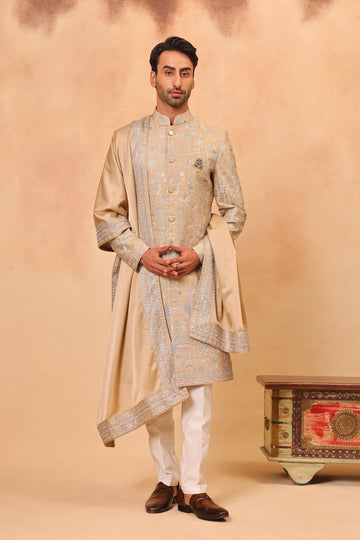 Khaki Embroidered Sherwani Set with Dupatta