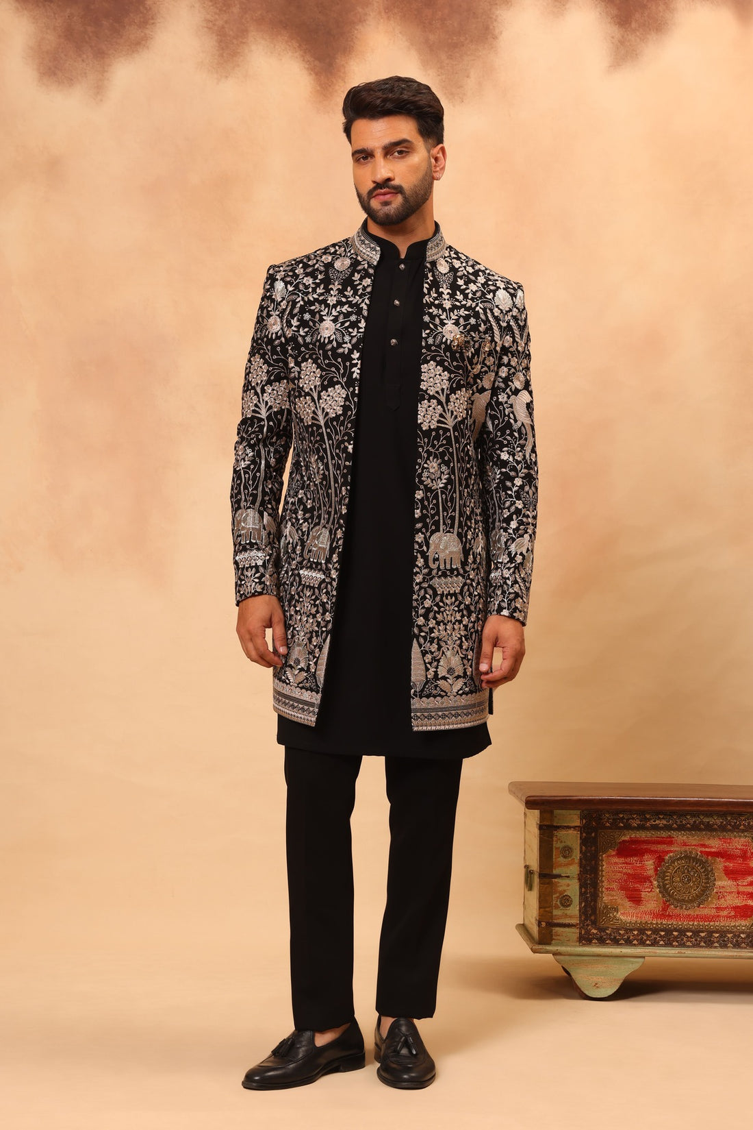 Black Embroidered Front Open Sherwani Jacket Set